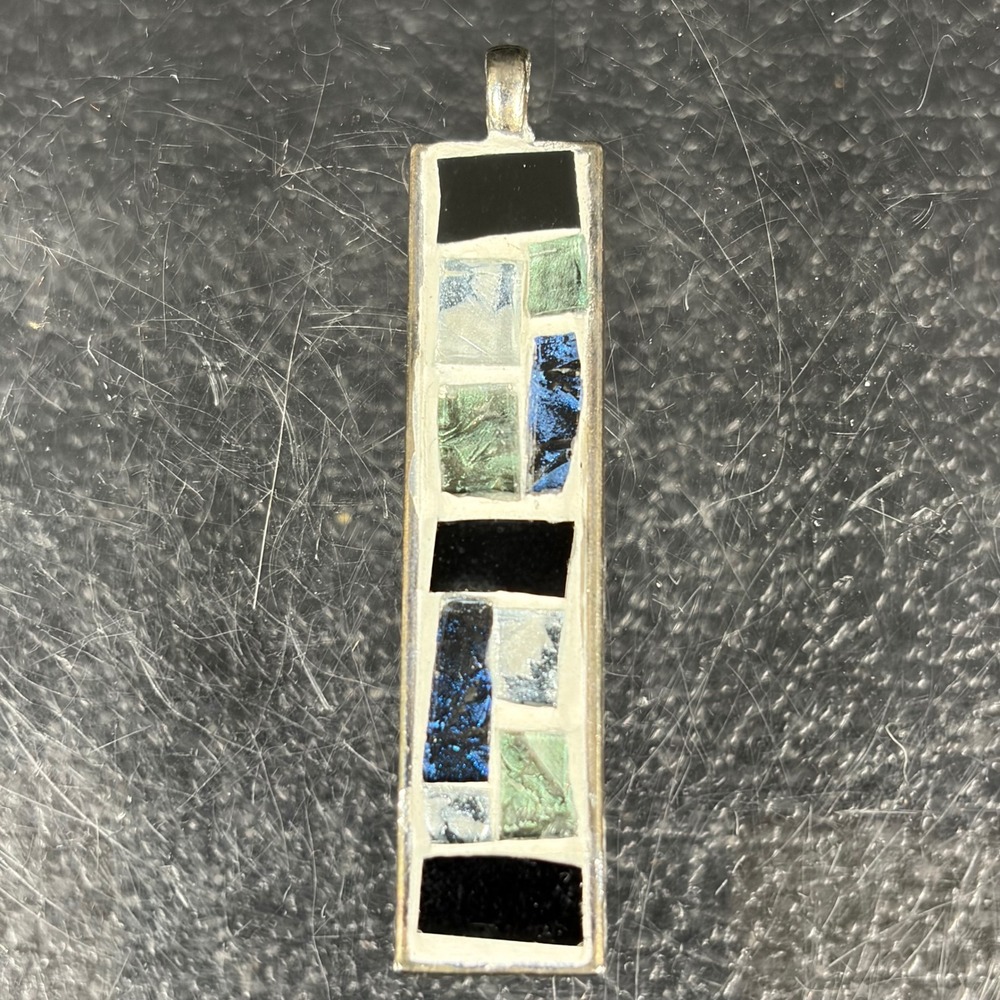 Vintage Mosaic Art Glass Pendant Rectangular Geometric Blue Green Silver Tone